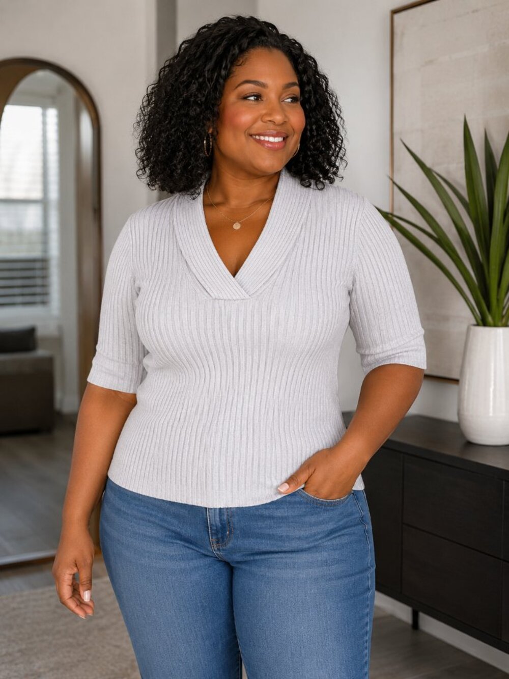 George Light Gray Ribbed V-Neck Short Sleeve Sweater